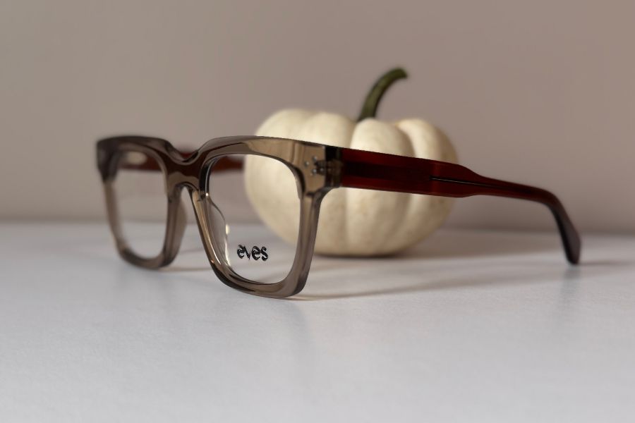EYESNYC designer men's eyeglass frame in transparent brown with transparent honey temples Noah